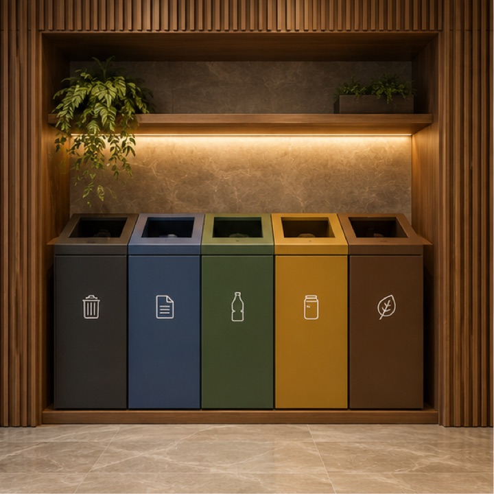 Sala de resíduos do condomínio com recicláveis separados por tipo