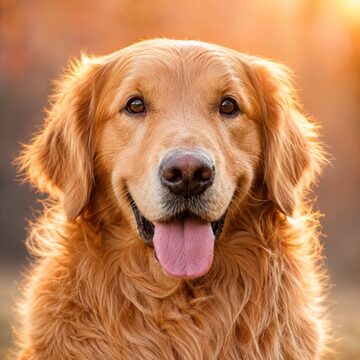 Golden retriever dourado olhando para a câmera.