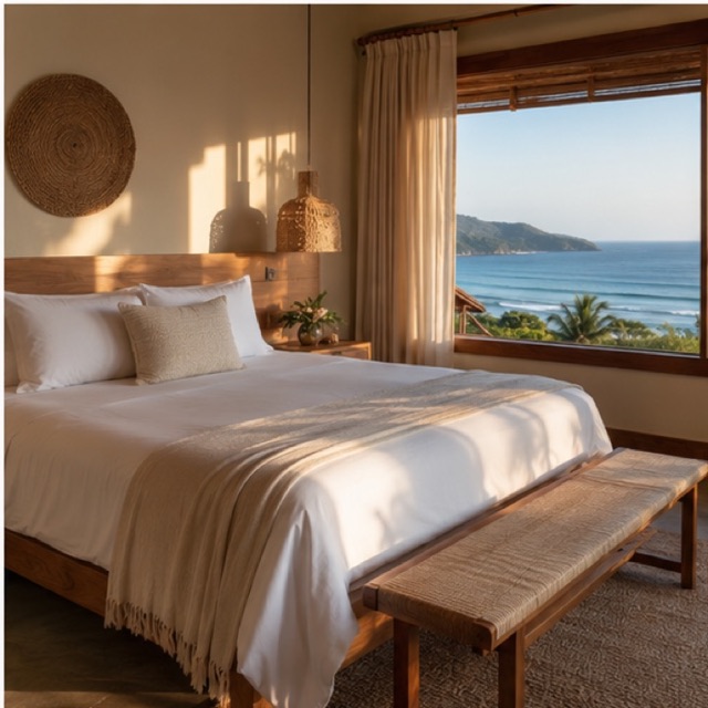 Quarto de pousada com cama arrumada e janela com vista para o mar.