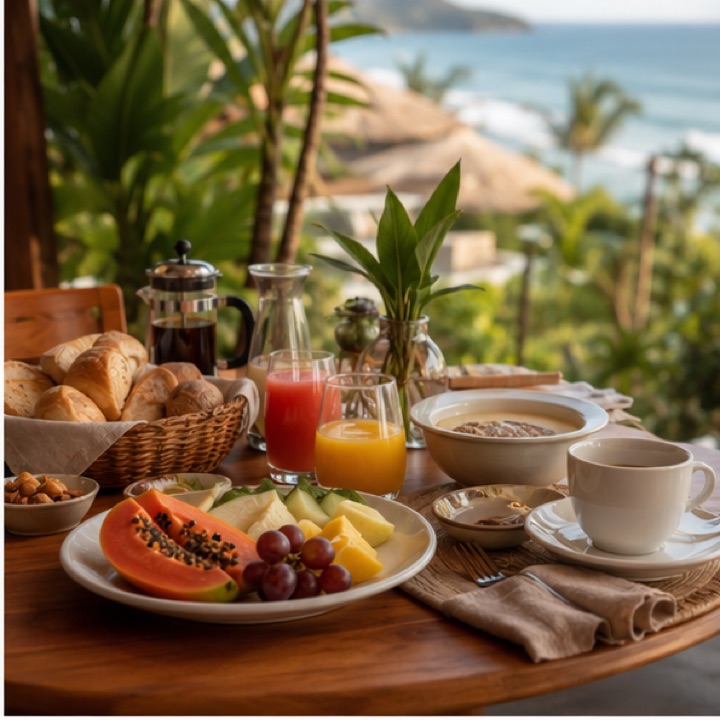 Café da manhã com frutas tropicais, pães e sucos na mesa de madeira.