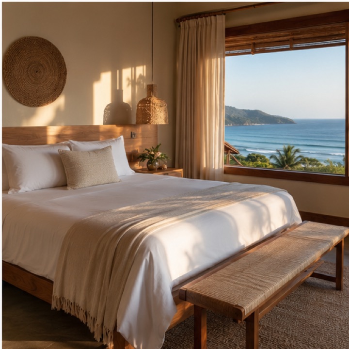 Quarto da pousada com cama arrumada, madeira clara e janela com vista para o mar.