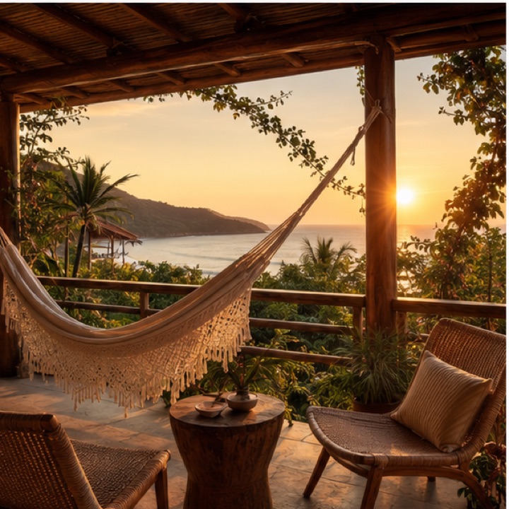Varanda com rede de descanso e vista para o mar ao entardecer.